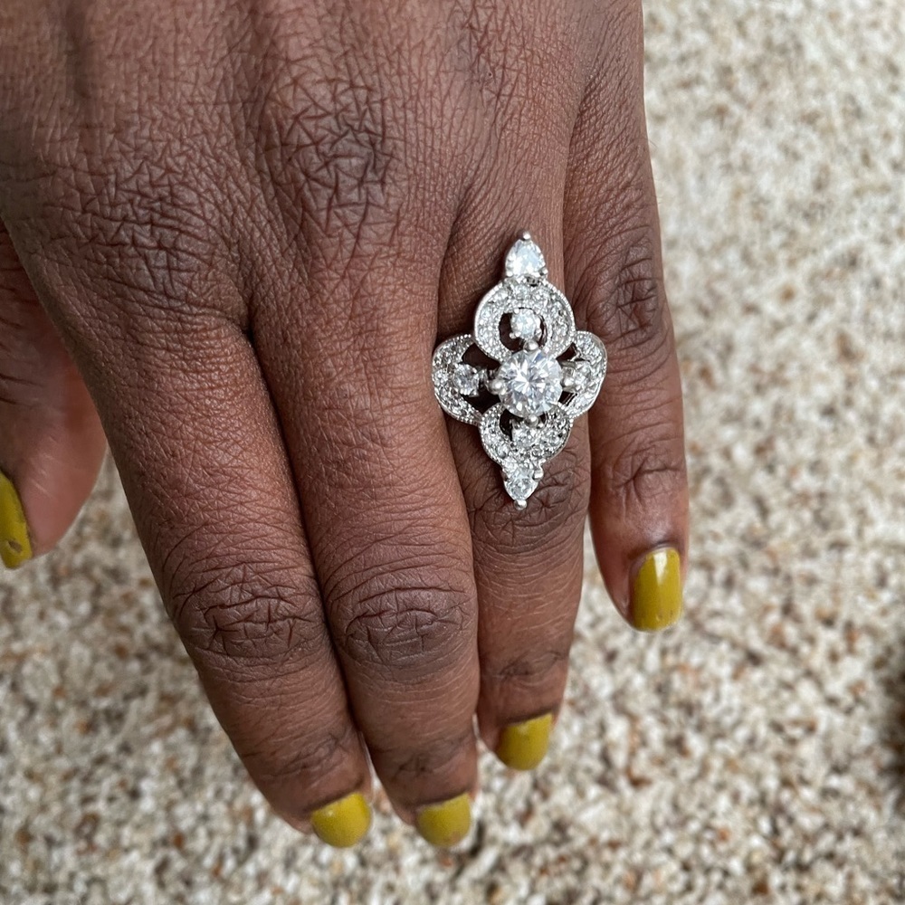 Vintage Silver Crystal Fashion Clover Ring Size 7